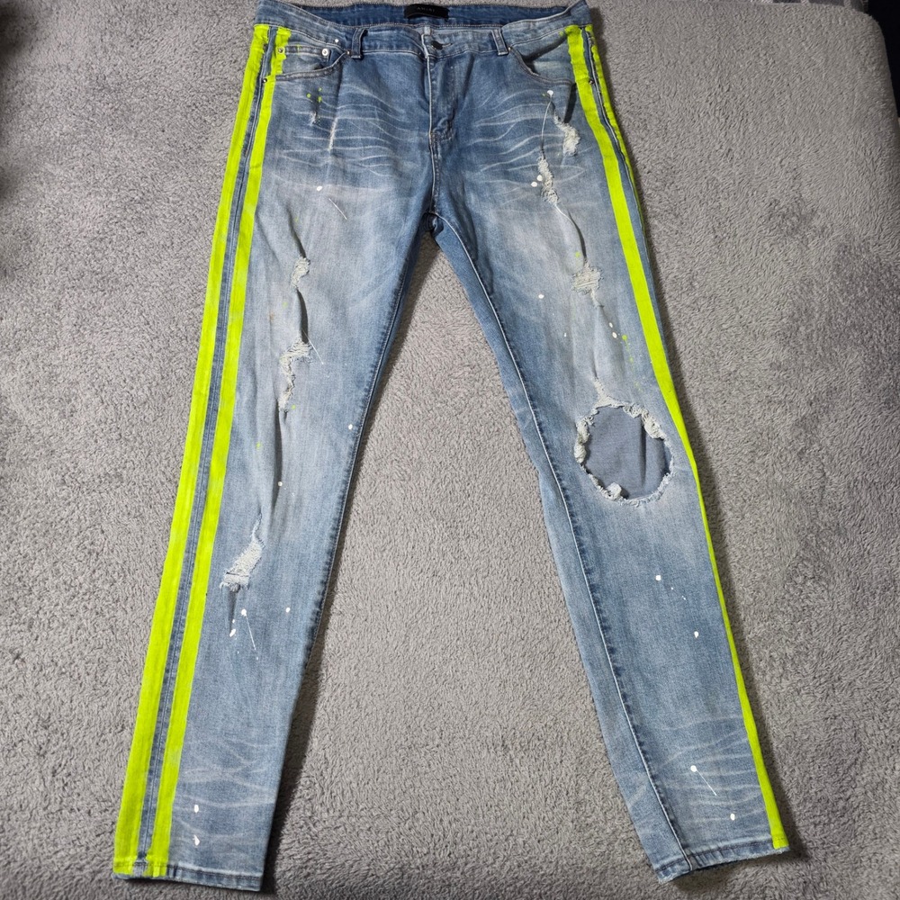 Amiri Mens 38 MX1 Distressed Jeans Light Blue Neon Yellow Stripe Paint Splatter